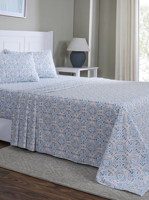 Maspar Avery Blue Cotton Geometric 144 TC Double Flat Bedsheet with 2 Pillow Cases-picture-16