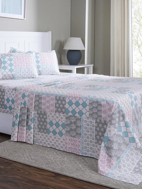 Maspar Lennon Aqua Cotton Floral 144 TC King Flat Bedsheet with 2 Pillow Cases-picture-40