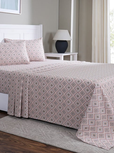 Maspar Jude Peach Cotton Geometric 144 TC King Flat Bedsheet with 2 Pillow Cases-picture-21