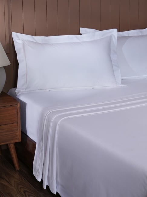 Maspar Aurelius White Cotton Stripes 200 TC King Flat Bedsheet with 2 Pillow Cases-picture-12