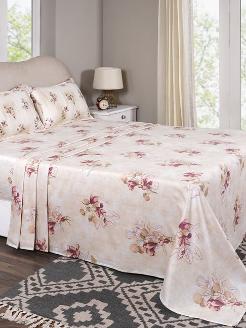 Maspar Everbloom Peach Cotton Floral 300 TC King Flat Bedsheet with 2 Pillow Cases