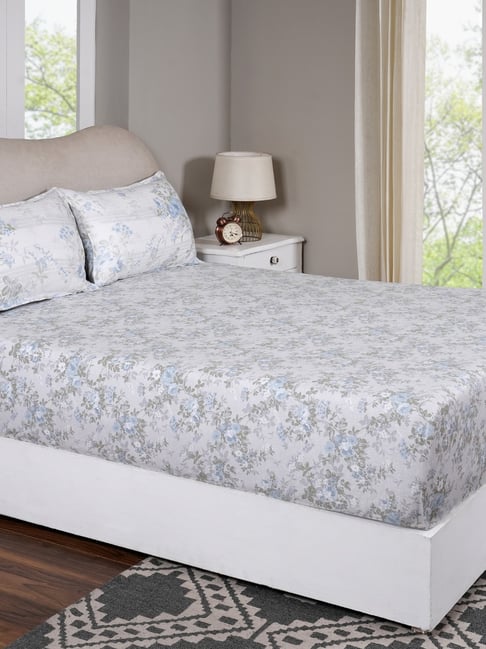 Maspar Everbloom Blue Cotton Floral 300 TC Single Fitted Bedsheet with 1 Pillow Case-picture-19