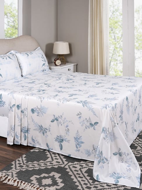 Maspar Edenia Blue Cotton Floral 300 TC King Flat Bedsheet with 2 Pillow Cases