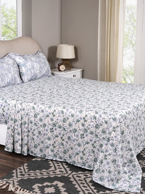 Maspar Petalyn Blue Cotton Floral 300 TC Single Flat Bedsheet with 1 Pillow Case-image-35