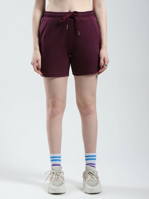 Monte Carlo Maroon Cotton Blend Solid Shorts