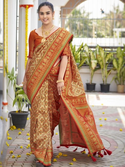 Manohari Orange Woven Saree With Unstitched Blouse