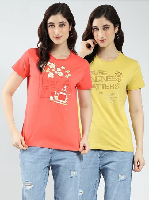 Monte Carlo Coral & Mustard Printed T-Shirt (Pack Of 2)-picture-18