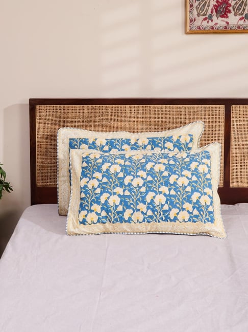 Fabindia Cabana Blue Cotton Printed Pillow Cover Set of