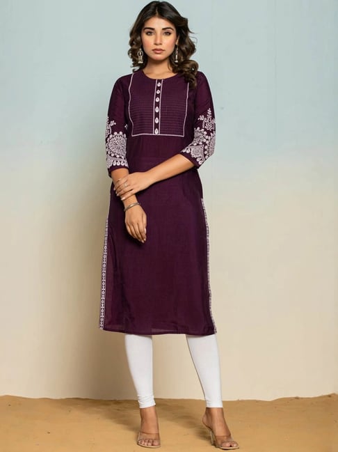 Autumnlane Purple Uma Voila Embroidered Comfort Fit Kurti-picture-36