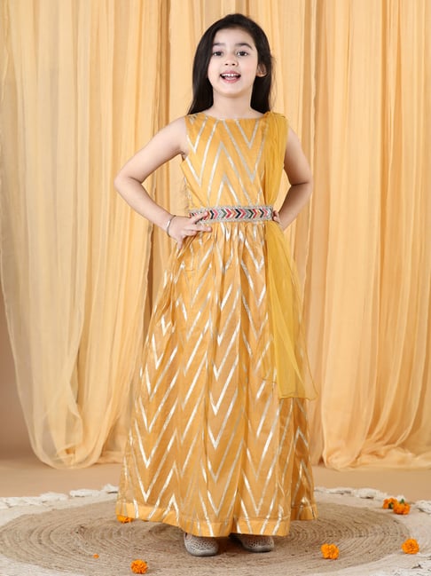 Piccolo Girls Gold Foil Embellished Ethnic Gown With Attached Belt & Dupatta Set- Golden Yellow