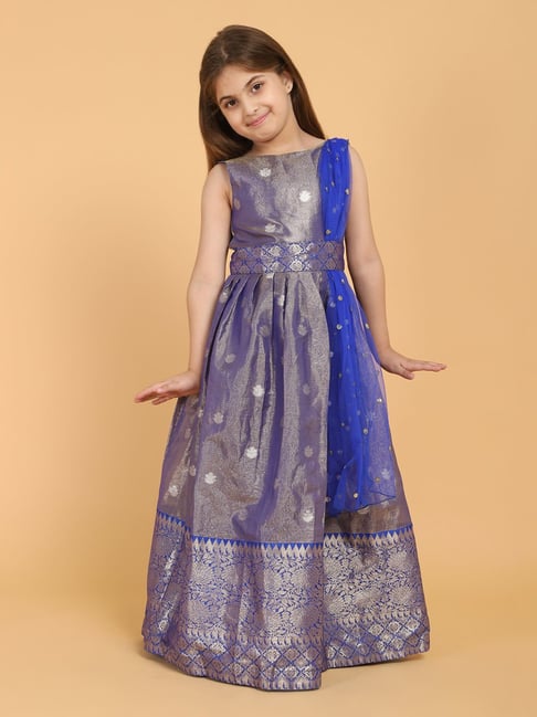 Piccolo Girls Blue Motif & Heavy Hem Zari Dress With Attached Belt & Sequin Embellished Dupatta