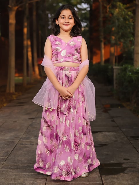Piccolo Girls Purple Sleeveless Floral Zari Weaved Foil Motif Printed Choli Lehenge Set