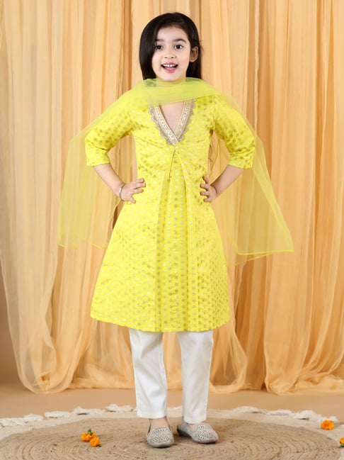 Piccolo Girls Yellow All Over Flower Motif Detailed A Line Silk Brocade Kurta With Salwar & Dupatta-picture-40