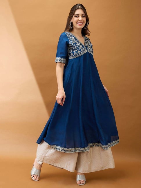 Globus Women Blue Sequinned Floral Embroidered Yoke V-Neck Alia Cut A-Line Festive Kurta-picture-26
