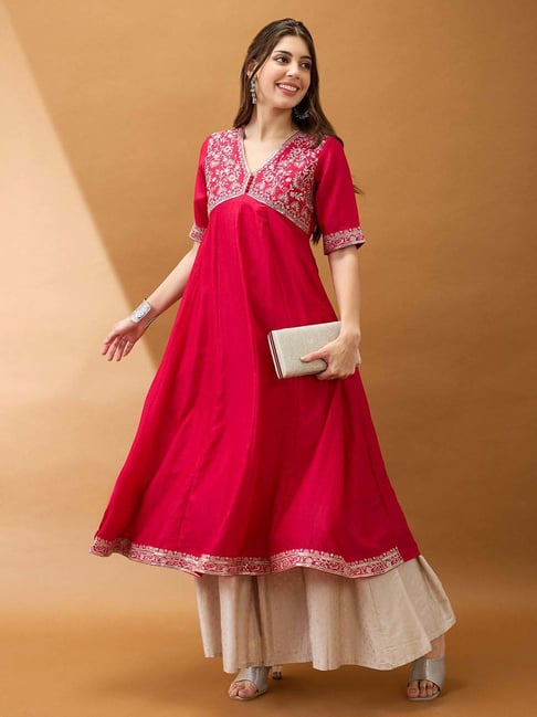 Globus Women Pink Sequinned Floral Embroidered Yoke V-Neck Alia Cut A-Line Festive Kurta-picture-40