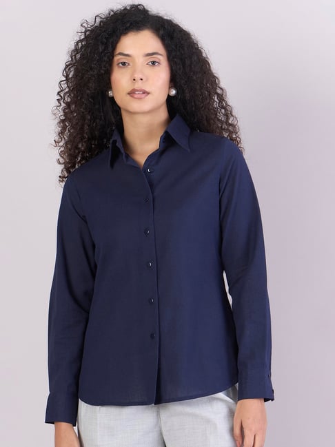 Powersutra Navy Blue Cotton Solid Long Sleeves Shirt-picture-23