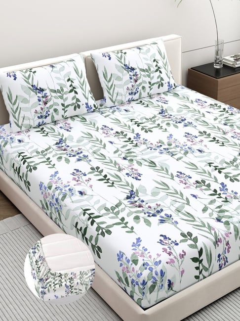 Home Ecstasy Azure Blue Cotton Floral 140 TC King Fitted Bedsheet with 2 Pillow Covers-picture-34