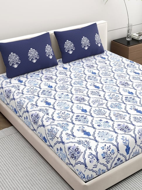 Home Ecstasy Berry Blue Cotton Floral 140 TC Double Bedsheet with 2 Pillow Covers-picture-30