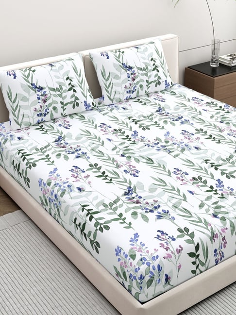 Home Ecstasy Azure Blue Cotton Floral 140 TC Double Bedsheet with 2 Pillow Covers-picture-33
