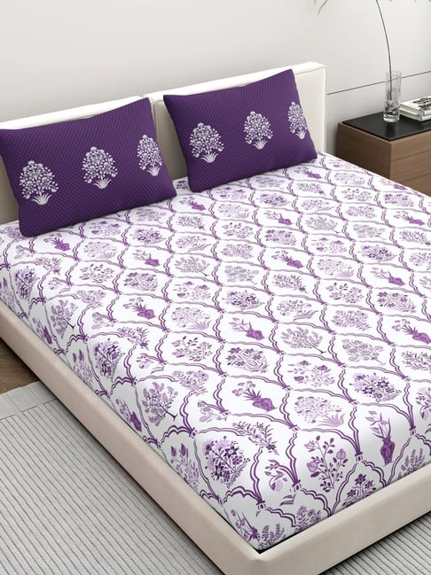 Home Ecstasy Intense Violet Cotton Floral 140 TC Double Bedsheet with 2 Pillow Covers