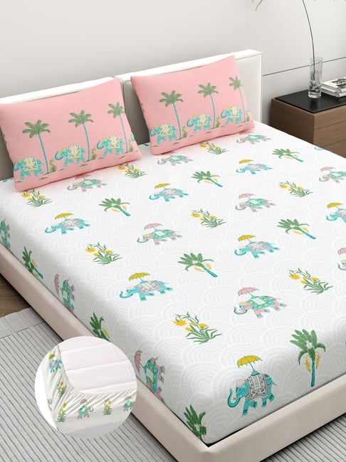 Home Ecstasy Lemonade Pink Cotton Ethnic 140 TC King Fitted Bedsheet with 2 Pillow Covers-picture-33