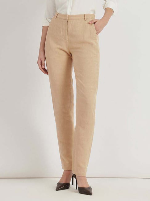 Fablestreet Beige Linen Regular Fit Trousers
