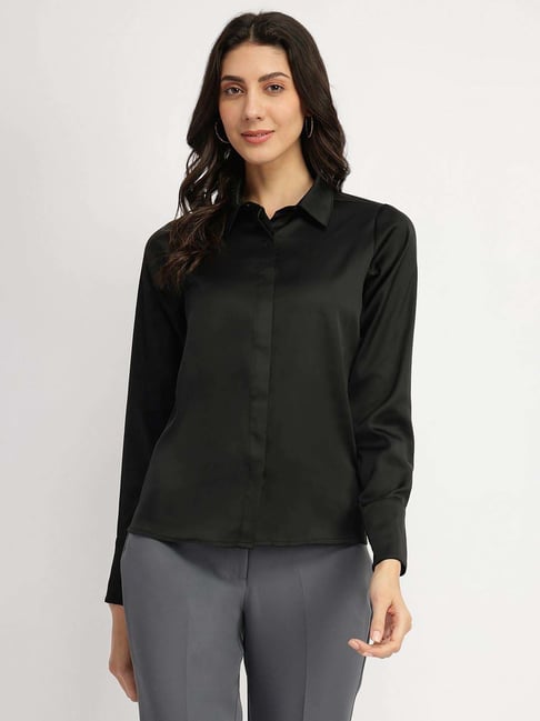 Fablestreet Black Satin Regular Fit Shirt