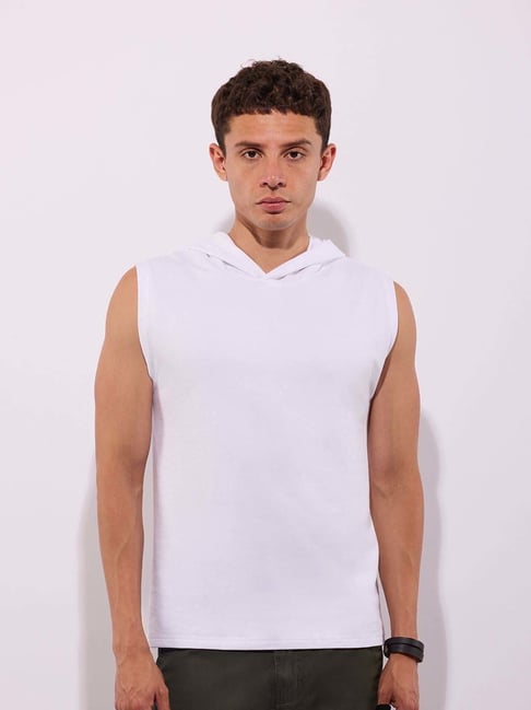 Buy Hoversoul White 100% Cotton Loop Knit Sleeve Less Hoodie at
