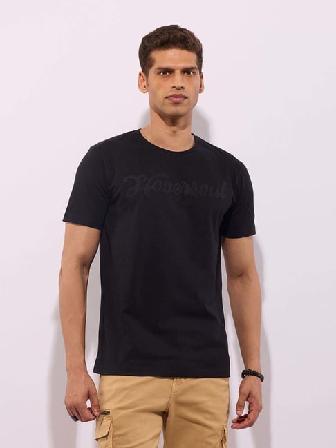 Hoversoul Black Cotton Regular Fit Printed Short Sleeves Round Neck T-Shirt