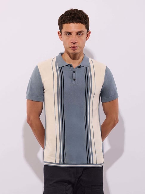 Hoversoul Blue Cotton Regular Fit Color Block Short Sleeves Polo T-Shirt