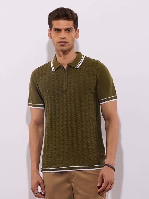 Hoversoul Green Cotton Regular Fit Textured Short Sleeves Polo T-Shirt-picture-42