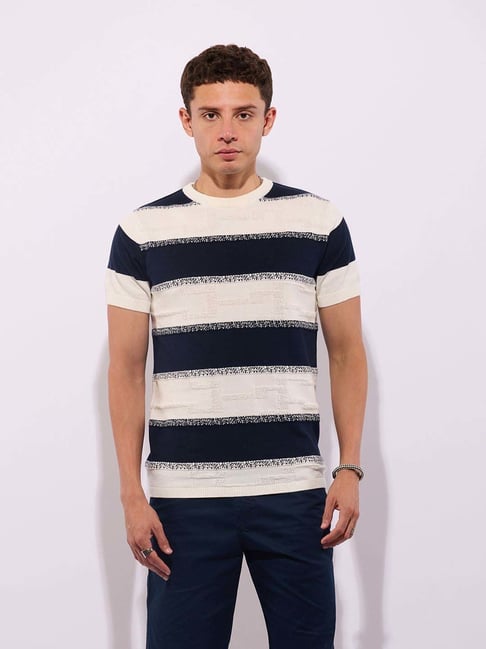 Hoversoul Blue Cotton Regular Fit Striped Short Sleeves Round Neck T-Shirt