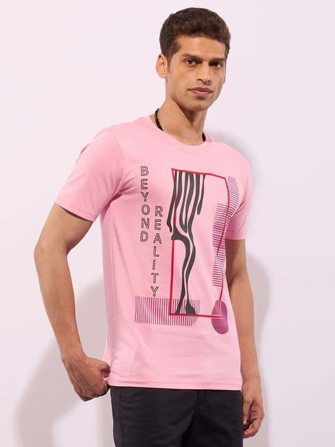 Hoversoul Pink Cotton Regular Fit Printed Short Sleeves Round Neck T-Shirt