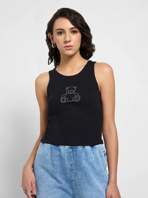 Sf Jeans By Pantaloons Jet Black Cotton Slim Fit Embellished Tank Top-picture-30