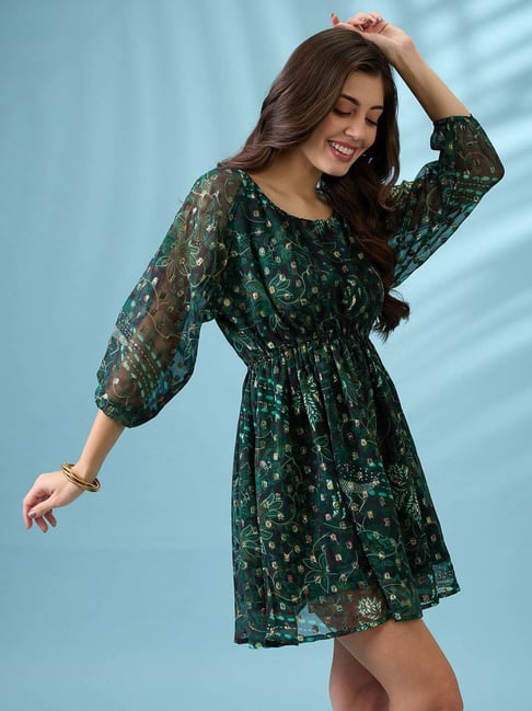 Globus Women Green Stylized Back Floral Printed Lurex Detail Fit & Flare Mini Georgette Party Dress-picture-32
