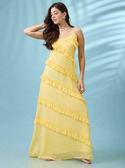 Globus Women Yellow Scoop Neck Strappy Sleeves Ruffle Detail Georgette  A-Line Maxi Party Dress