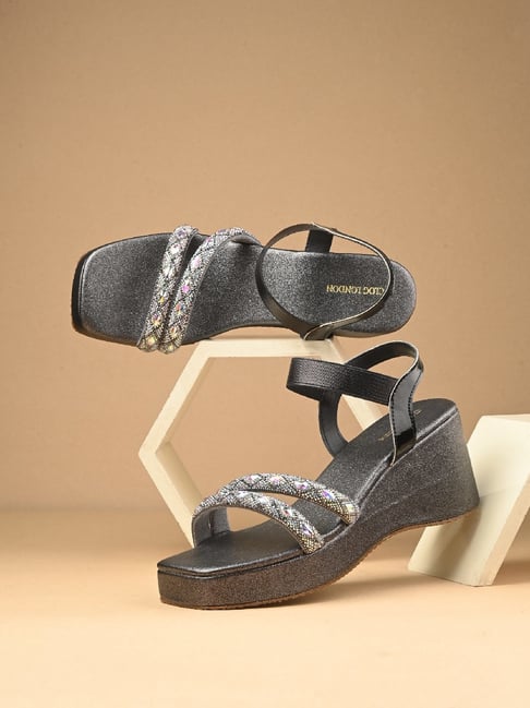 Clog London Women's Black Ankle Strap Wedges