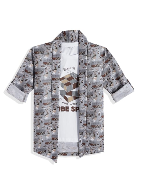 Charchit Boys Grey Cotton Comfort Fit Printed Shrug with T-Shirt-picture-21