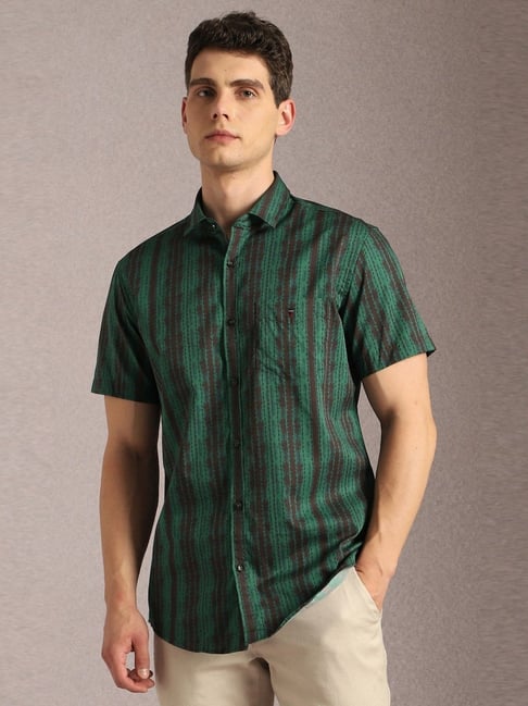 Louis Philippe Green Cotton Slim Fit Striped Shirt