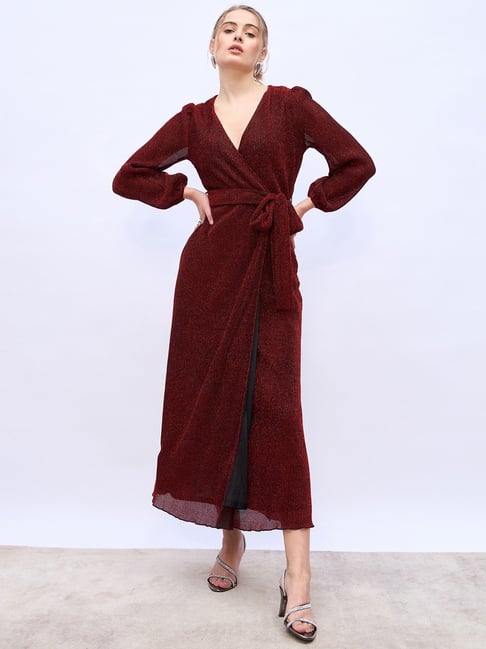 Styli Burgundy Self Wrap Dress-picture-31
