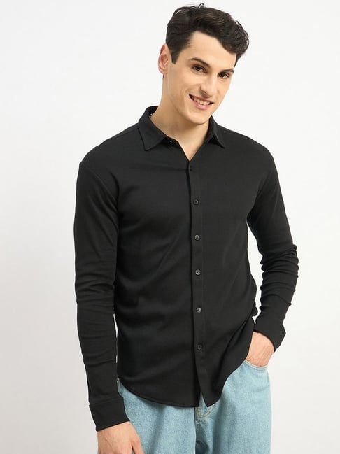 Styli Black Cotton Regular Fit Solid Shirts