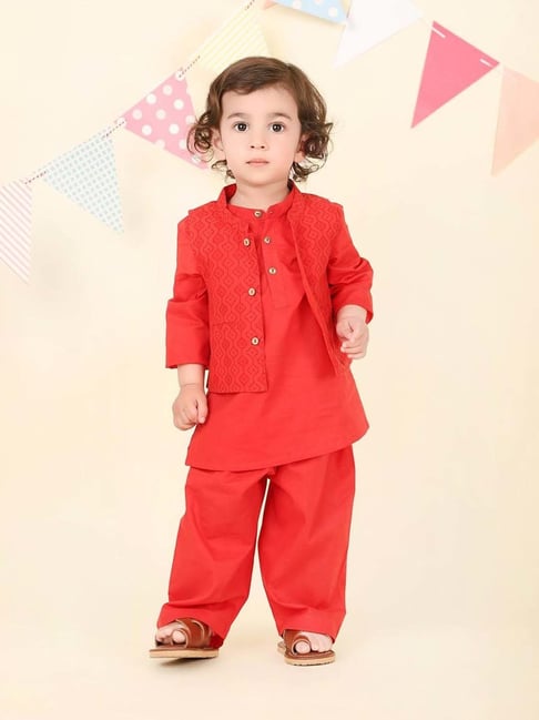Fabindia Kids Red Cotton Regular Fit Printed Kurta Jacket Pant-picture-43