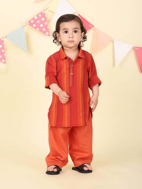 Fabindia Kids Red Cotton Regular Fit Striped Kurta & Pant-picture-16