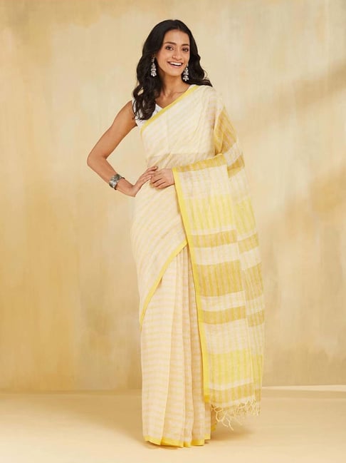 Fabindia Beige Linen Regular Fit Woven Design Sarees-picture-32