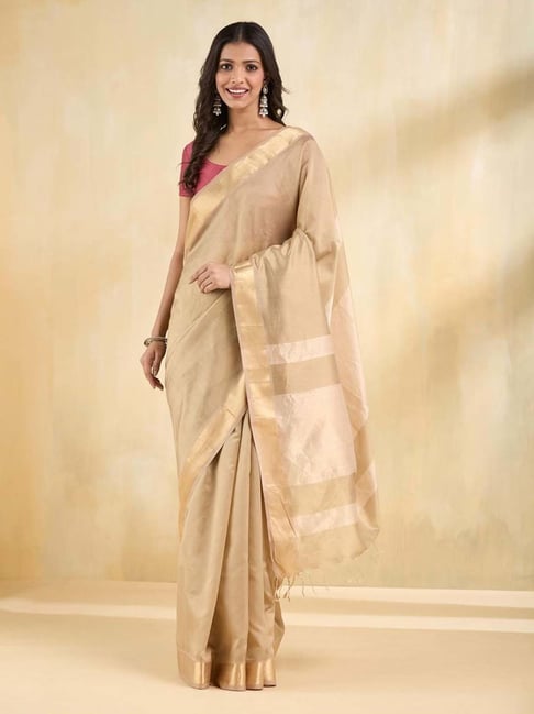 Fabindia Beige Woven Design Sarees-picture-17