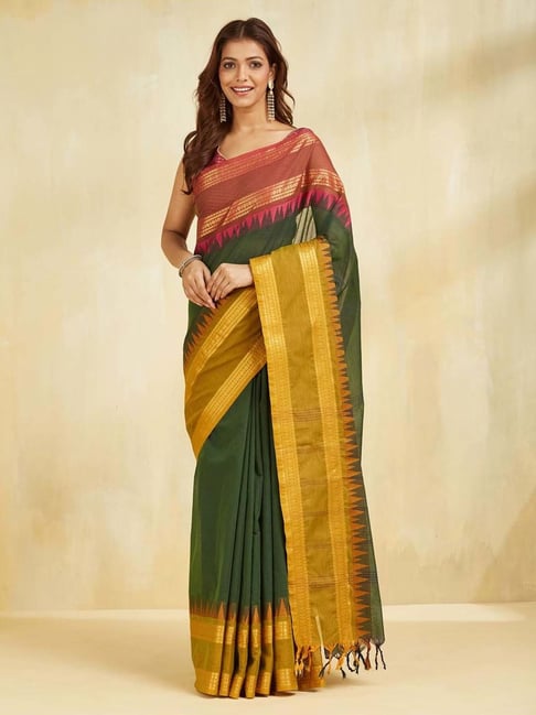 Fabindia Green Woven Design Sarees-picture-24