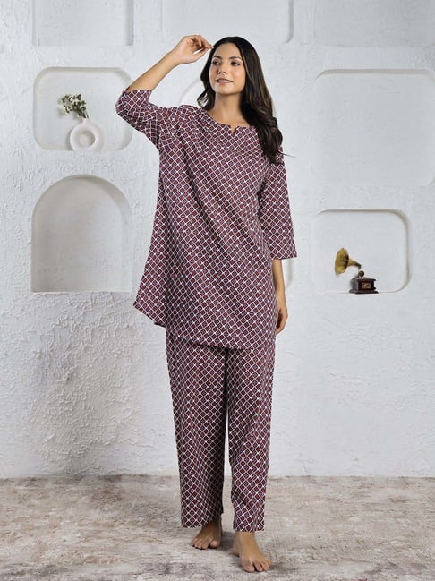 Say Maroon Cotton Regular Fit Printed Night Suit-picture-14