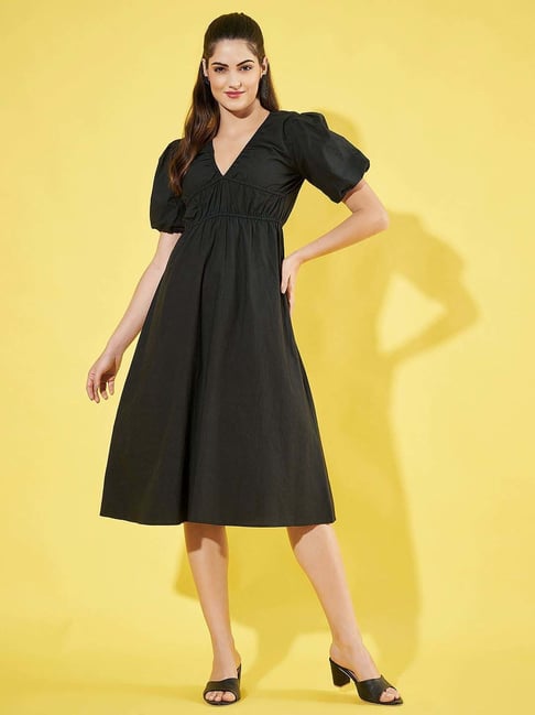 Buy Black V Neck Short Puff Sleeve Cotton Dress at Best Price