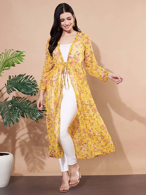 Anvi Be Yourself Women's Floral Printed Yellow Gathered Longline Semi Sheer Tie-Up Georgette Shrug-picture-15