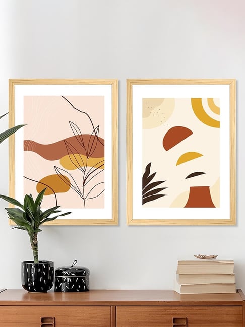 Art Street Beige Wood Boho Abstract Shape & Leaf Wall Painting - Set of 2-picture-43